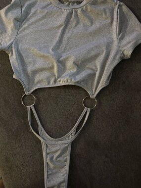 Gray Ring-Detail Crop Top Bodysuit